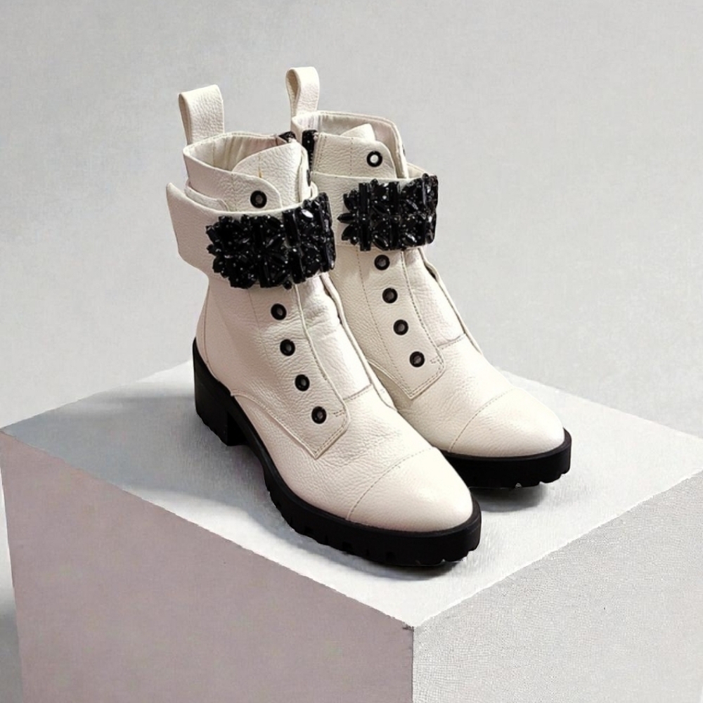 Karl Lagerfeld White Leather Combat Boots with Black Embellishments Size 6